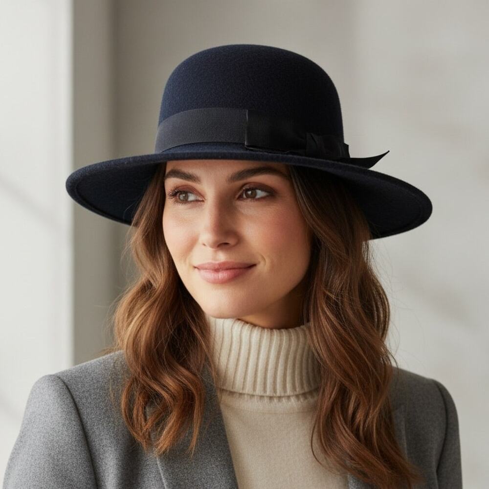 Talbots Ribbon Bow Hat NWT Women's One Size Navy Wool Felt Adjustable Dressy